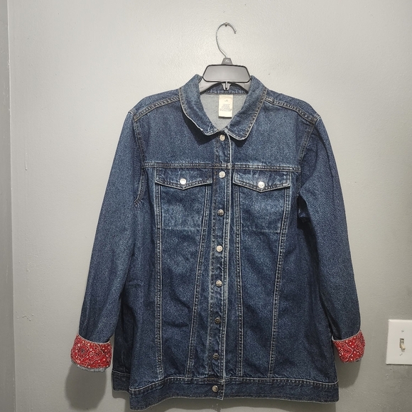 Women's Denim Jacket with Red Accents Size Large - Picture 1 of 8